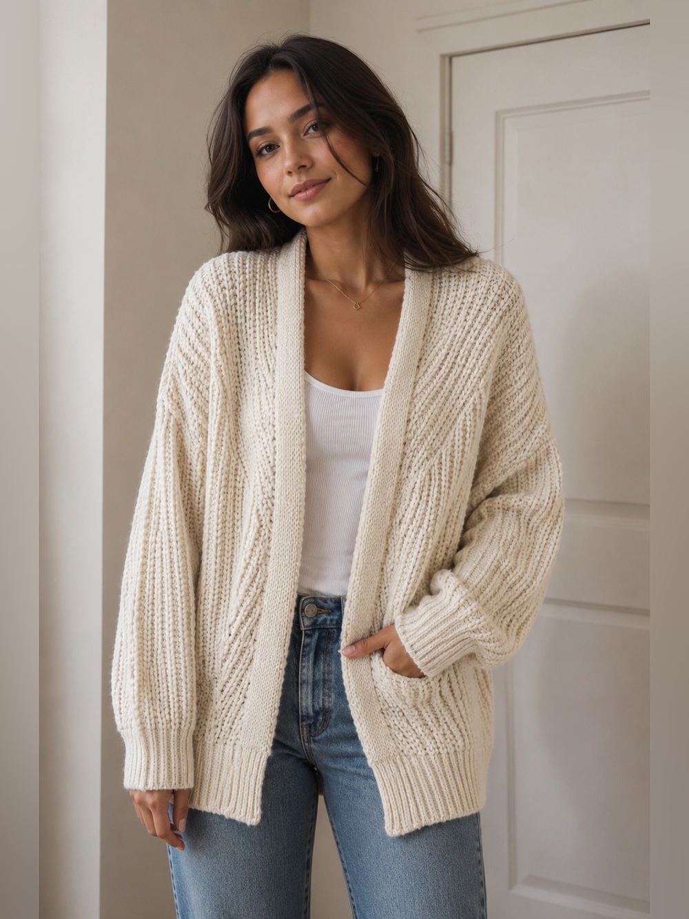 L.A. Hearts Chunky Knit Open Front Cardigan One Size Oversized Cream